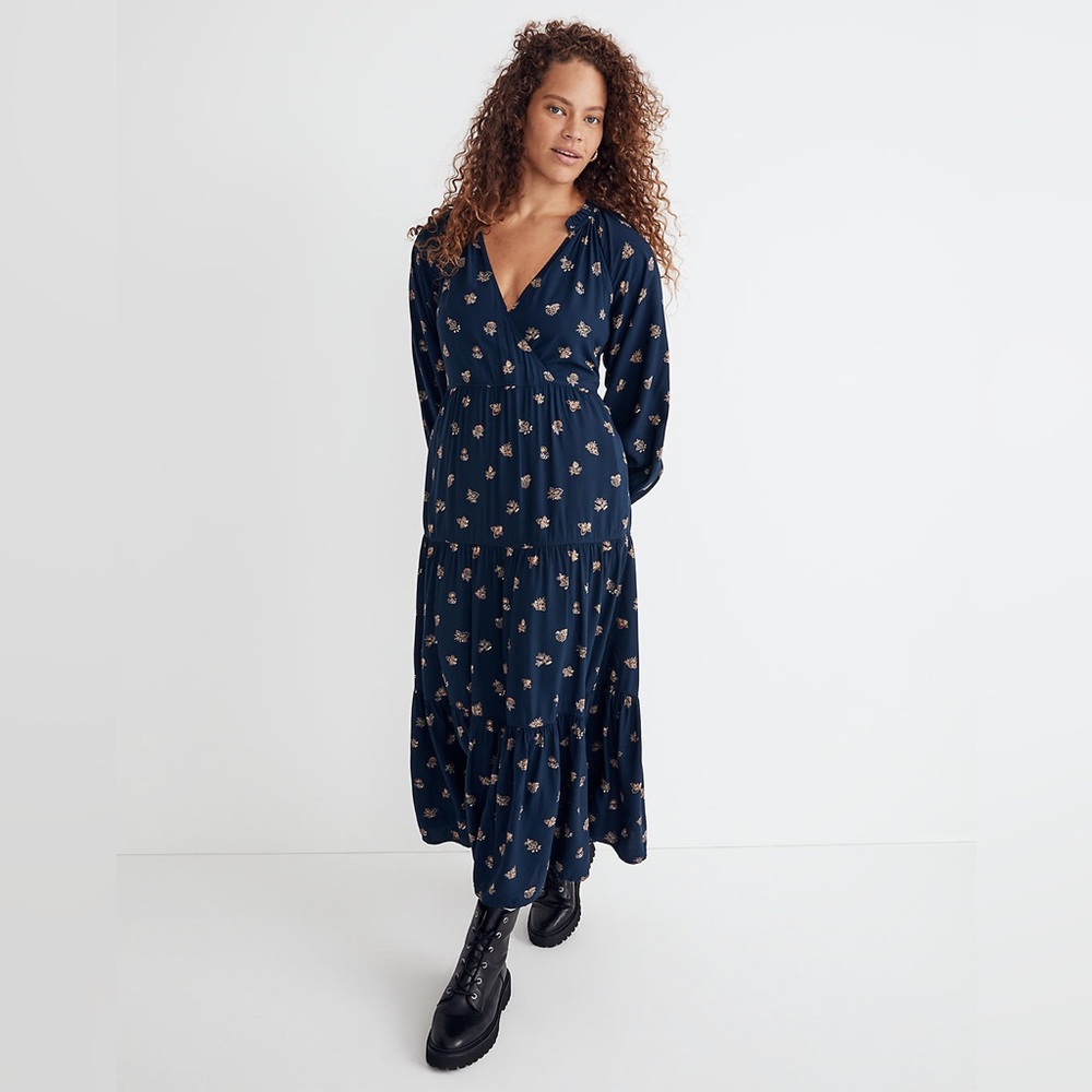 Madewell Embroidered Floral Navy Midi Dress
